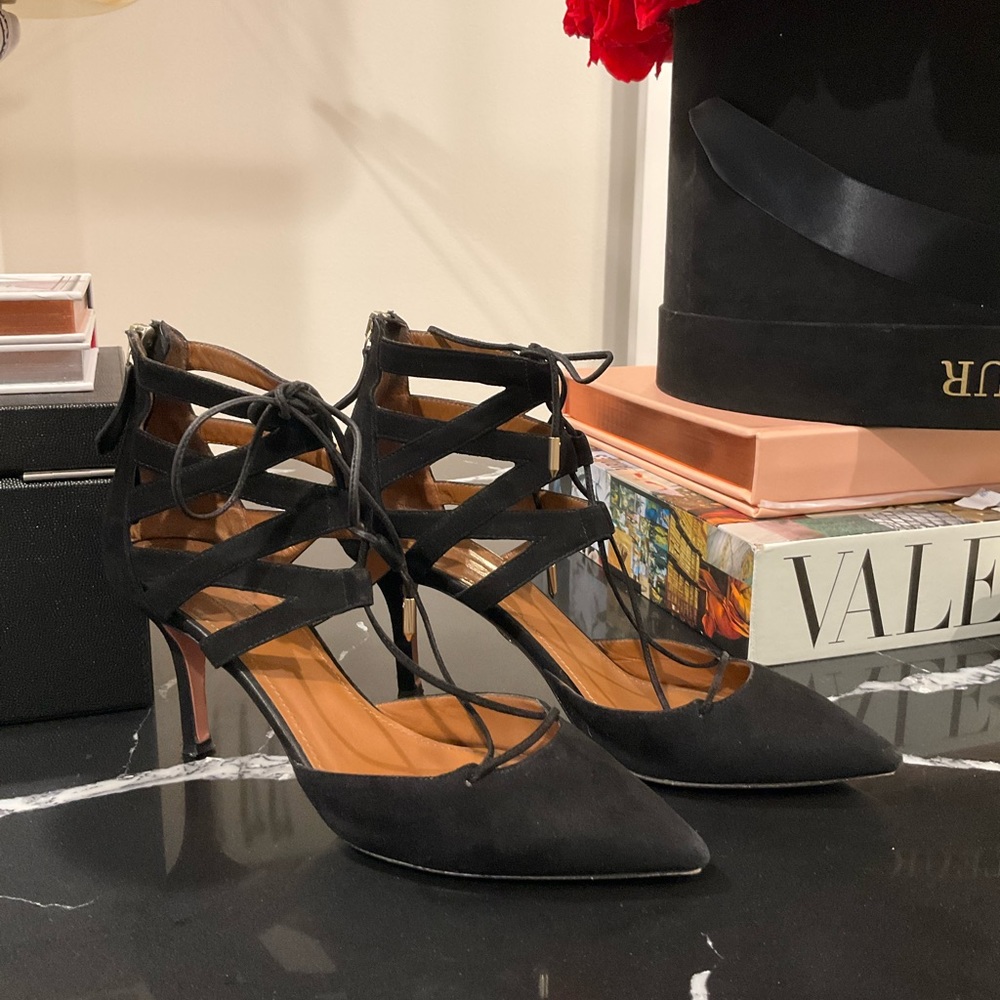 AQUAZZURA Belgravia 75 Suede Caged Pump, Black